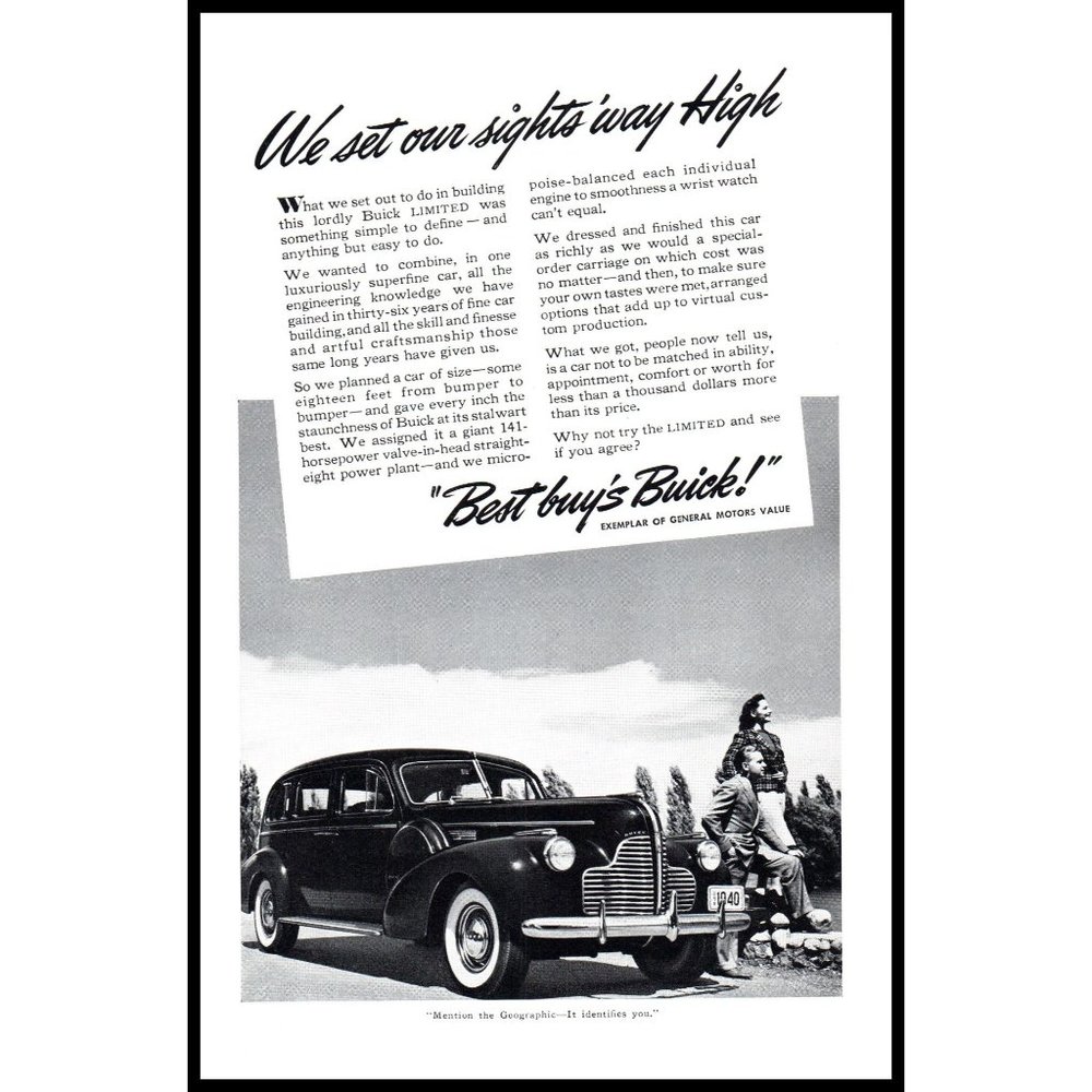 1940 Buick Limited Sedan Vintage Print Ad Husband Wife Nature Country Road Art